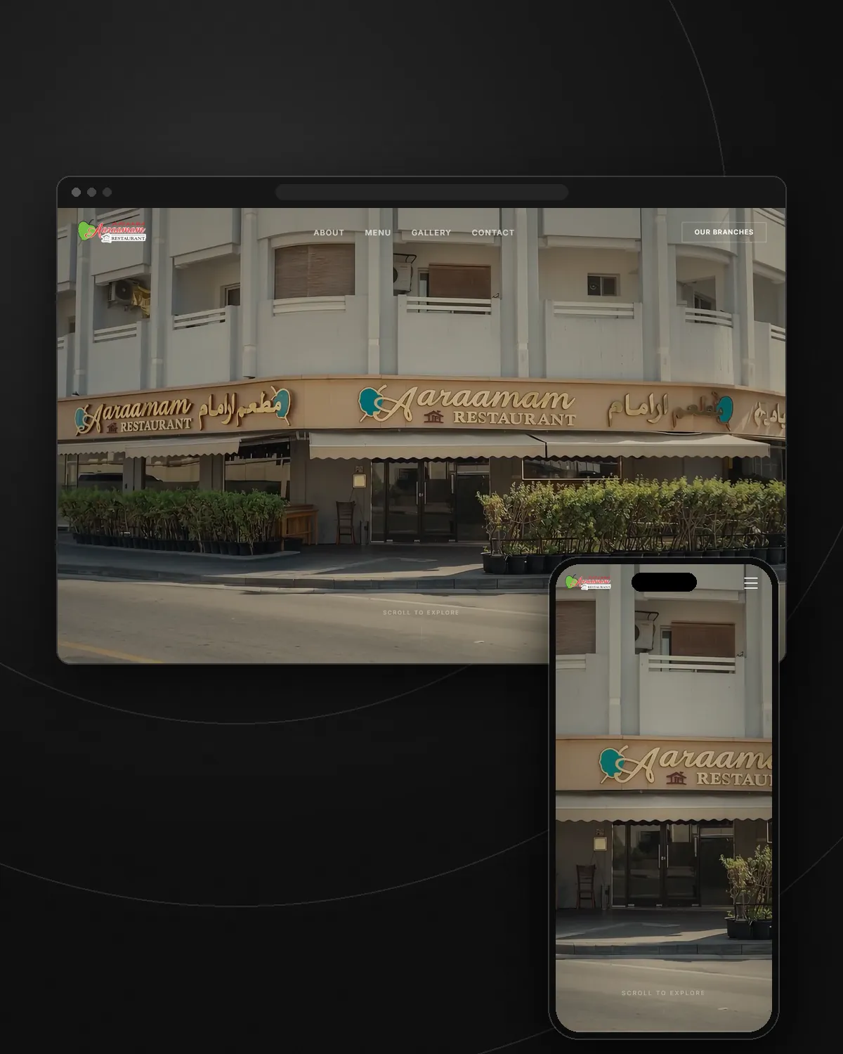 Aaraamam Restaurant website shown on a laptop and a phone, with the restaurant frontage on screen