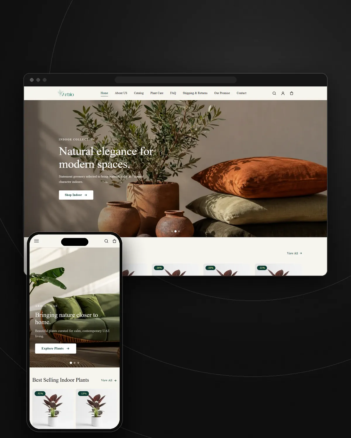 Arbio online plant store shown on a laptop and a phone, with potted plants in the hero image
